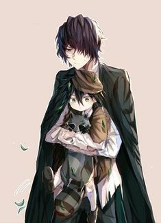 an anime character holding a cat in his arms