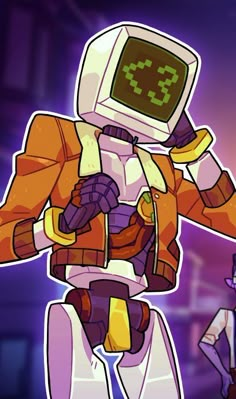 an animated character with a clock on his face and arms, standing in front of a purple background