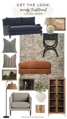 living room mood board with furniture and decor