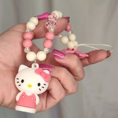 Handmade, Hand Crafted, Kawaii Cell Phone Charm. Hello Kitty In Pink Outfit, With A Long Beaded Design That Includes A Pink Teddy Bear, Dark Pink Heart, Clear Pink Gummy Bear, And Pink, Pink, And Clear Beads. Approximately 8.5" Long, Including White Cord Loop. Valentines Socks, Kitty Cafe, Cell Phone Charms, Flower Purses, Pink Teddy Bear, Plush Bags, Clear Beads, Purple Bows, Pink Teddy