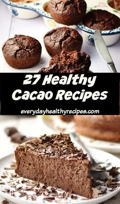 Chocolate muffins and slice of chocolate cheesecake with grated chocolate on top. Healthier Deserts, Cacao Powder Recipe, Chocolate Granola Recipe, Health Dessert Recipes, Healthy Bakes, Healthier Breakfast, Simple Muffin Recipe