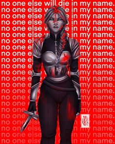 a woman standing in front of a red background with the words no one else will die in my name