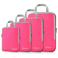 three pieces of pink luggage sitting next to each other on a white surface with the words gonex