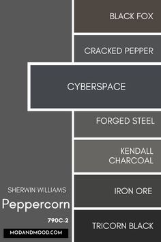 the names of different types of black and gray paint colors, including dark greys, white