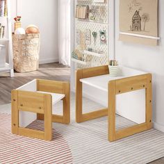 two wooden benches sitting next to each other on top of a carpeted floor in front of a white wall