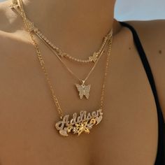 Butterfly flower custom nameplate necklace with gold vermeil or sterling silver options from The M Jewelers. Name Plate Necklace Gold, Chunky Gold Jewelry, M Jewelers, Wedding Anklets, Initial Earrings, Stacked Necklaces, Nameplate Necklace, Butterfly Flower, Jewelry Lookbook