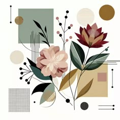 an abstract floral arrangement with flowers and geometric shapes