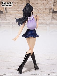 a figurine that is wearing a purple shirt and black boots with her hand on her hip