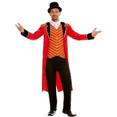 a man in a red jacket and top hat is standing with his hands out to the side