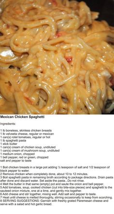 the recipe for mexican chicken spaghetti is shown in an image above it's description