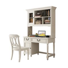 a white desk and chair with bookshelf in front of it on a white background