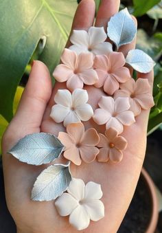 a person's hand holding some fake flowers in their palm, with leaves on them