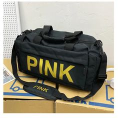 It is a great bag for exercise, travel, sports activities, tennis, basketball, yoga, fishing, hunting, camping, hiking, and many outdoor activities. 1. Material: Nylon 2. Size: The width of this bag is approximately 20.47", the height is 11.02", and the base thickness is 8.66". 3. Large Capacity: In addition to the main bag, this sports travel bag has a separate zippered compartment on the left side to store shoes, clothes or dirty gear. 4. Features: Comfortable, sturdy and adjustable shoulder s Travel Sports, Pink Letter, Sports Travel, Luggage Sets, Sports Activities, Shoe Store, White Bag, Pink Bag, Storage Bag