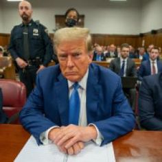 a man in a suit sitting at a table with papers and police officers behind him