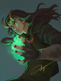 an image of a woman with horns holding something in her hands and glowing green light