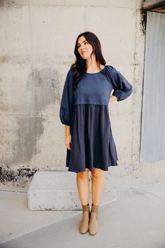 The Dawn | Patriot Blue Sweatshirt Dress - Bates Sisters Boutique Modest Long Skirts, Modest Midi Dress, Modest Boutique, Conservative Dresses, Nursing Friendly Dress, Conservative Fashion, Modest Maxi, Fashion Modest, Modest Tops