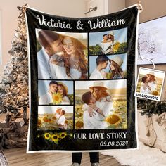 a woman holding up a blanket with four photos on it and the words, victoria & william our love story