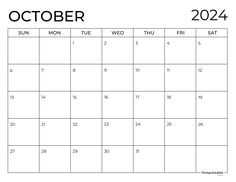 the october calendar is shown in black and white