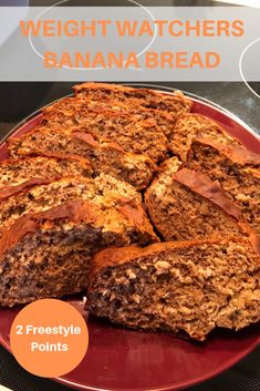 a red plate topped with sliced up banana bread