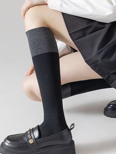 Casual Contrast Color Socks Accessories DARK GRAY-One_size Skirt Set Two Piece, White Summer Shirt, Tone Calves, Color Socks, Solid Color Pants, Black And White Shirt, Calf Socks, Colorful Socks, Elegant Shirt