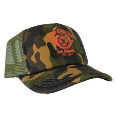 An adjustable unisex snap back trucker hat in green camo, and olive green netting with Smile Empty Soul "EST 1998" graphic printed on the front in red. One size fits most. Empty Soul, Snap Backs, Green Camo, Olive Green, Camo, Trucker Hat, Take That, Hats, Green