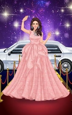 a woman in a pink dress standing on a red carpet next to a white car