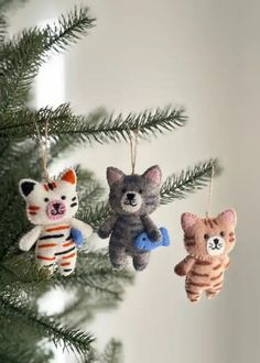 three ornaments hanging from a christmas tree with cats and kittens on them in the shape of teddy bears