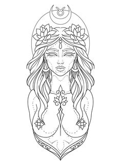 a woman with long hair and flowers on her head is depicted in the shape of a moon