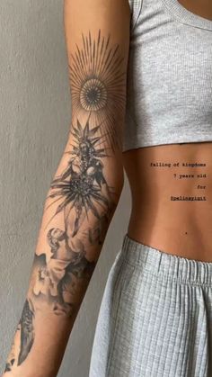 Tattooed Sleeves Women, 2yk Tattoo Ideas, Earthy Tattoos Sleeve, Elegant Arm Tattoos For Women, Tattoo Full Sleeve Women, Upper Arm Tattoo Sleeve, Female Tattoo Sleeve Ideas, Arm Tattoo For Woman, Detailed Tattoos For Women