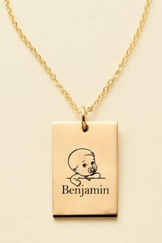 Cute and adorable! My baby engraved name necklace is our most wanted piece in Mother's jewelry collection. A single boy or girl pattern with the name of your loved one into one loveable design. One-of-a-kind perfect jewelry gift.#momnecklace #necklace #jewelry #giftformom #mothernecklace #momjewelry #mombithdaygift #giftformom #mothersdaygift #newmomgift #mothersnecklace #rectanglenecklace Baby Boy Jewelry Necklace, Single Boy, Rectangle Necklace, Mother Jewelry, Necklace Cute, Mothers Necklace, Mom Jewelry, Mothersday Gifts, Most Wanted