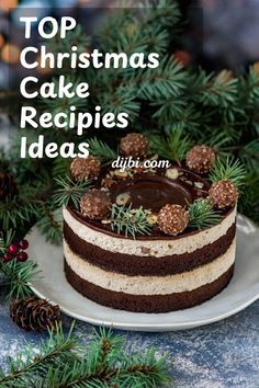 top christmas cake recipes ideas on a plate with pine cones and evergreen branches in the background