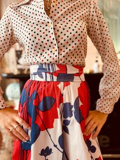 1960's Mod Red, White & Blue Floral Print High Waist Wide Leg Pants Fit: XS  Waist: 23/24" Hips:  Length: Inseam: Rise: Condition: Good Vintage Condition. There is some sun fading.  All sales are final.  Thank for for shopping small + sustainable ❤️ Retro Red Bottoms For Spring, Retro Red Bottoms For Workwear, Retro Red Workwear Bottoms, Retro Red Bottoms For Work, Cotton Wide Leg Pants, 1960s Mod, High Waist Wide Leg Pants, Womens Trousers, Pants Fit