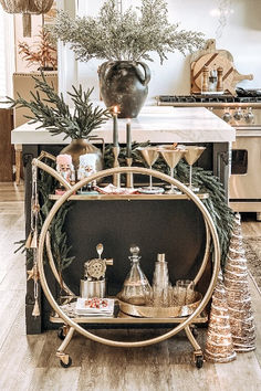 a kitchen with an island, potted plant and other items on the counter top