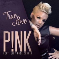 a woman leaning against a wall with her hand on her hip and the words true love pink above her