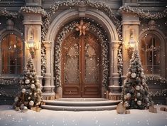 a christmas scene with an entrance to a building