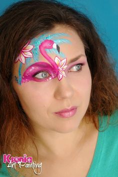 Flamingo eye design Flamingo Inspired Makeup, Flamingo Face Paint, Easy Face Painting Designs, Eye Face Painting, Face Painting For Boys, Cheek Art, Girl Face Painting