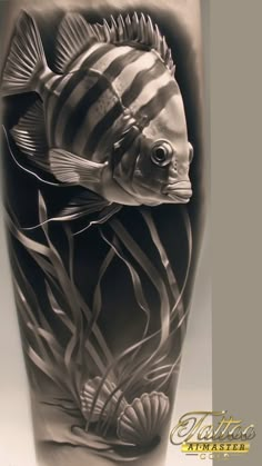 a black and white photo of a fish on a leg