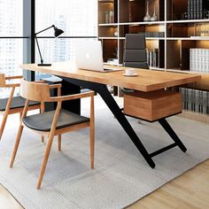 an office with a desk, chair and bookshelf