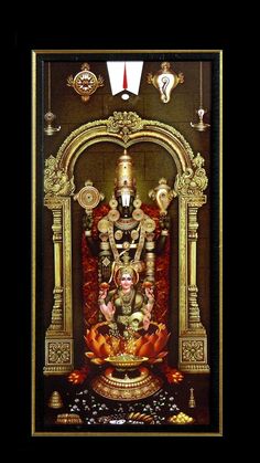 an image of the hindu god ganesha in gold and black frame with red flowers