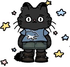 a black cat with a fish on it's chest standing in front of stars