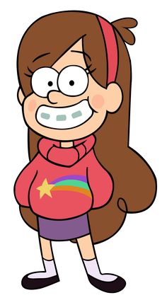 a cartoon girl with brown hair wearing a pink shirt and purple shorts, standing in front of a black background