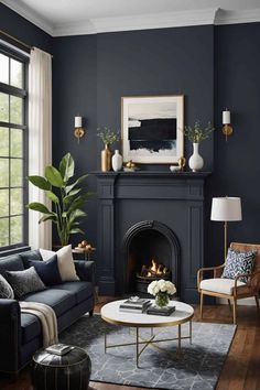 a living room with dark blue walls and wood flooring, a white coffee table in front of the fireplace