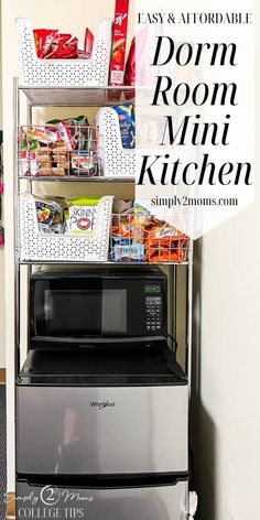 a microwave sitting on top of a dryer next to a shelf filled with food