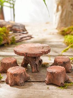 small tree stumps sitting on the ground next to each other