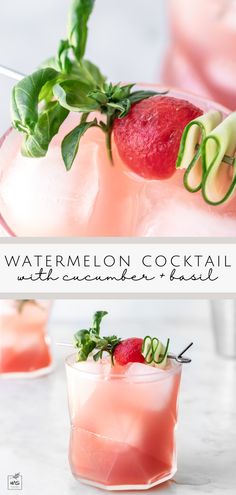 watermelon cocktail with cucumber and basil garnish on the rim