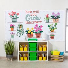 there is a white wall with flowers and plants on it, which says how will you grow this year?