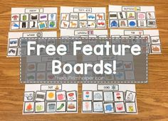 a wooden table topped with lots of pictures and text that says free feature boards on it