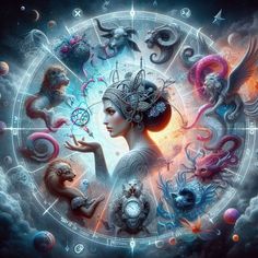 a woman surrounded by zodiac signs in the sky with other animals and creatures around her