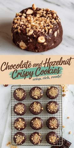 chocolate and hazelnut crispy cookies on a cooling rack, with the title above it