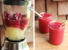 there are two pictures of blenders with food in them and one is filled with fruit